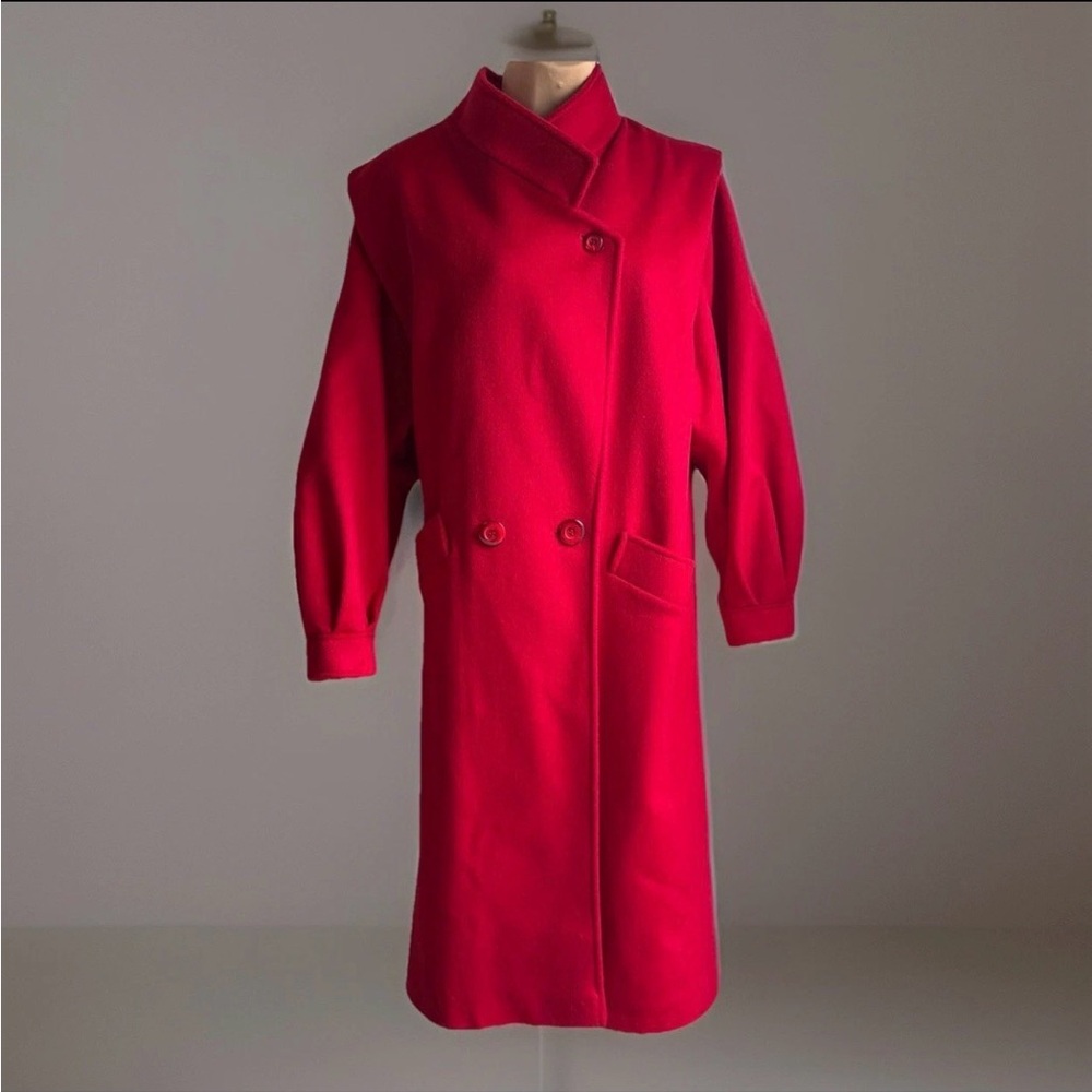 Vintage Red Wool Coat Petite M/L Double Breasted Midi Made In USA 80s 90s - Picture 1 of 14